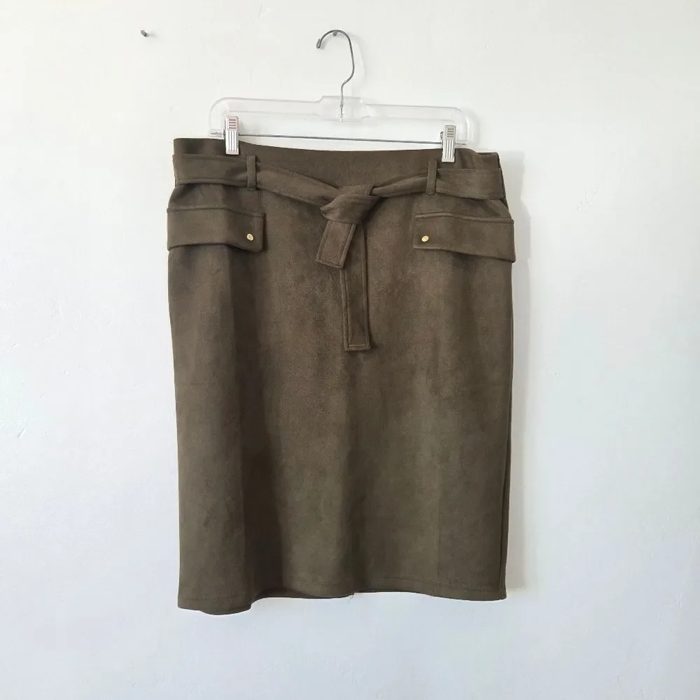 NYCC Olive Green Faux Suede Midi Skirt Waist Tie Preppy Professional Modest L